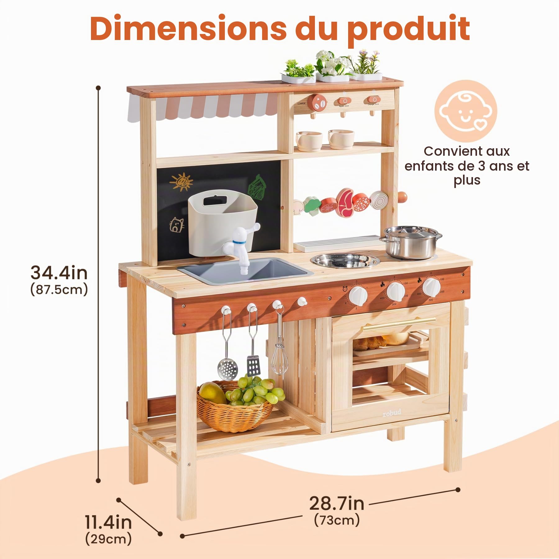 ROBUD Cuisine en Bois pour Enfants, Cuisine d'extérieur avec véritable évier, cafetière, Barbecue, Four et Tableau Noir, Jouet de Cuisine pour Jeux de rôle avec Accessoires, pour garçons et Filles 3+