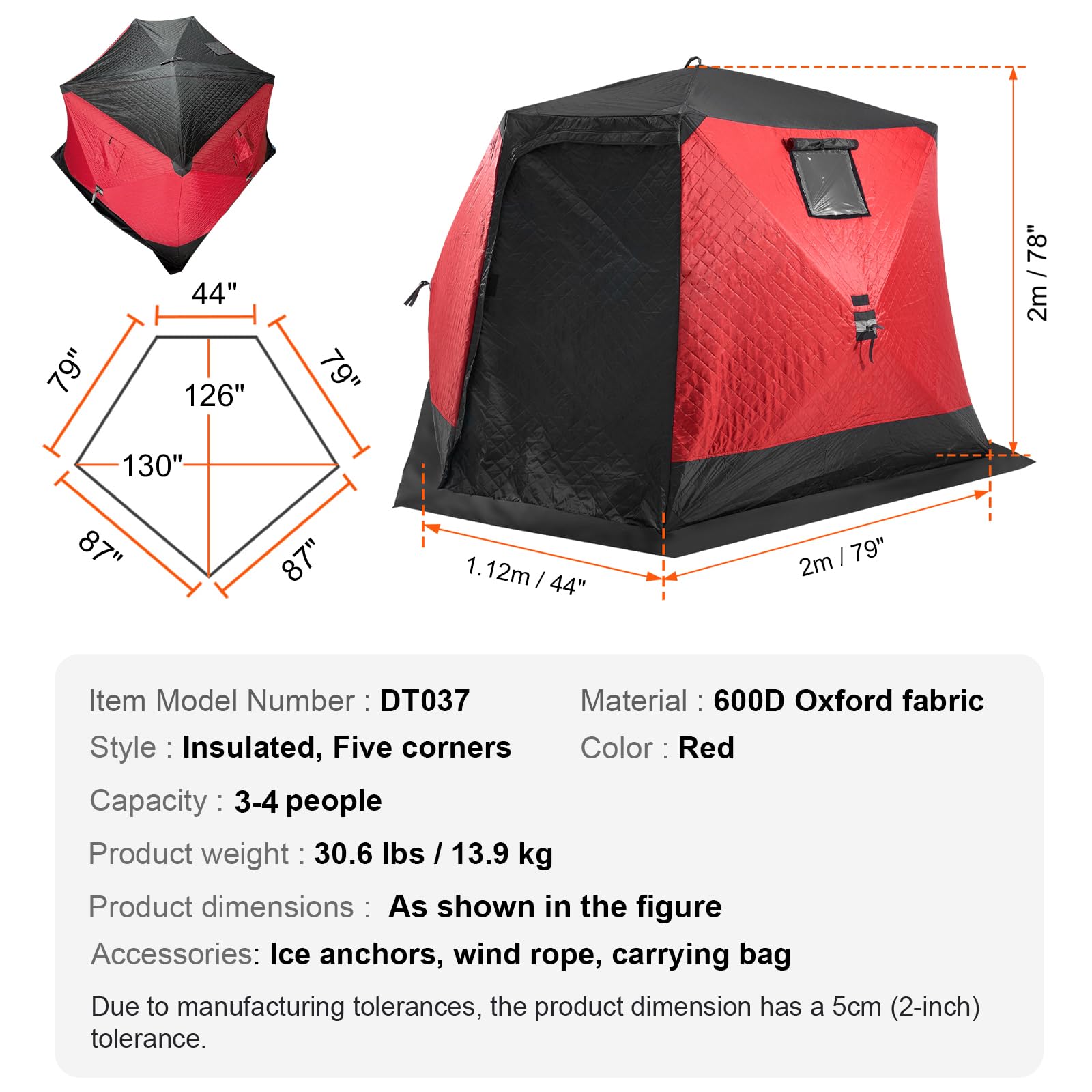 VEVOR Refugio de Hielo Portátil 3,3x3,3x2 m Tienda de Campaña para Pesca en Hielo Emergente para 6-8 Personas Cubo de Hielo de Oxford Impermeable con Anclas/Cuerdas/Bolsa de Transporte, Negro y Rojo