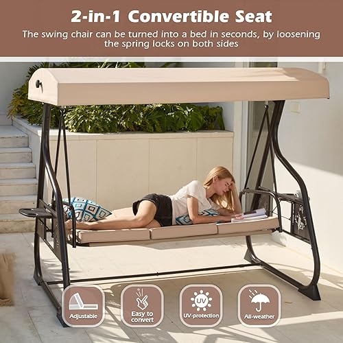 Miniatura 2 de Columpio de 3 asientos para patio, porche, columpio para exteriores de 800 libras con soporte con toldo y respaldo ajustable con almohadas