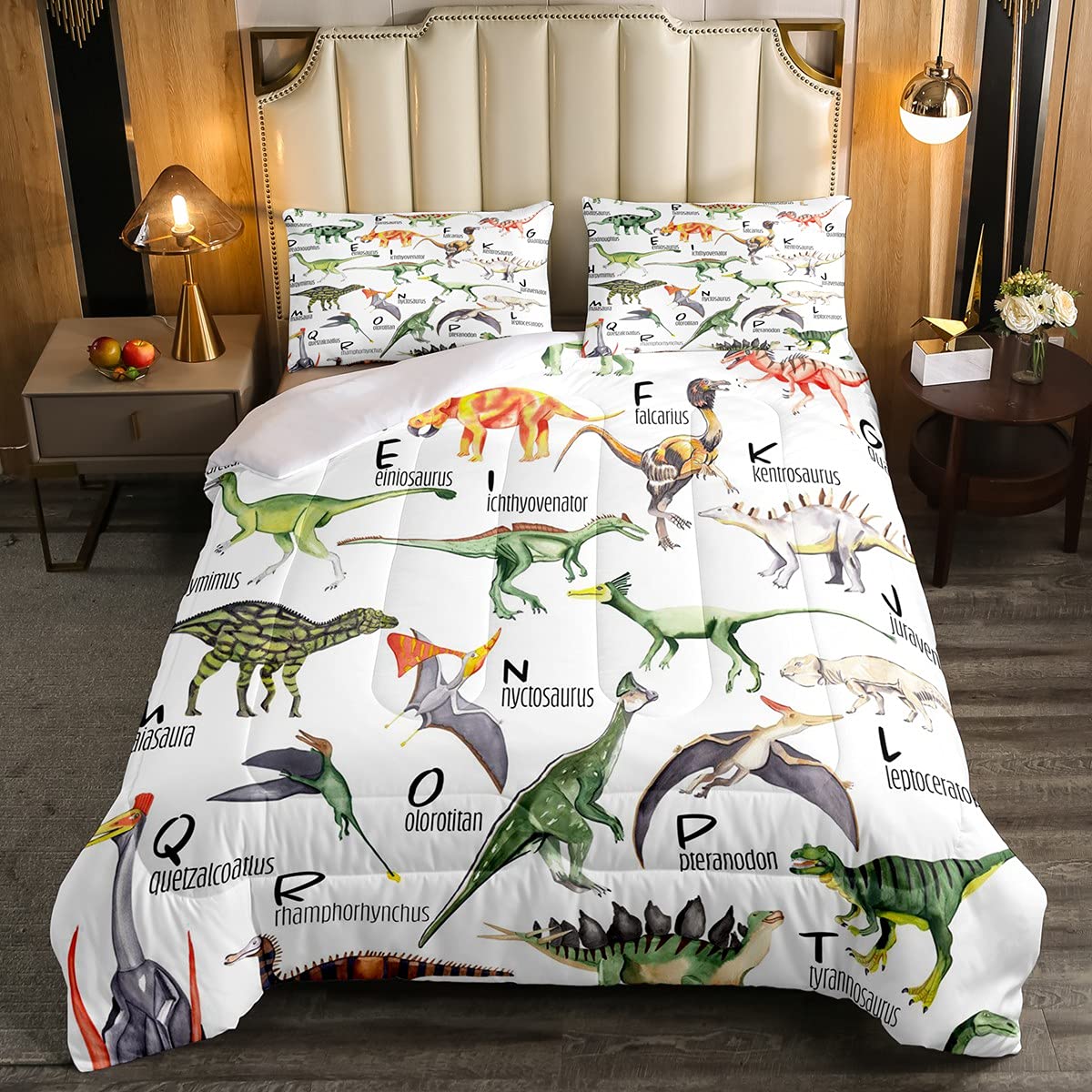 Juego de edredón de dinosaurio para niños, adolescentes, animales de la selva verde, dinosaurios, juego de ropa de cama transpirable estilo vida silvestre, edredón acolchado tamaño doble