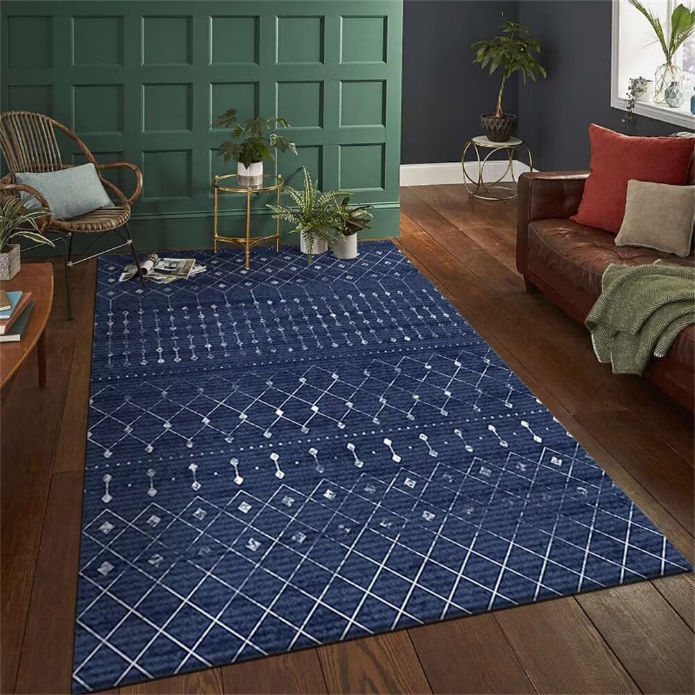 Tapis grande taille salon 200x300cm bleu à motif géométrique moderne