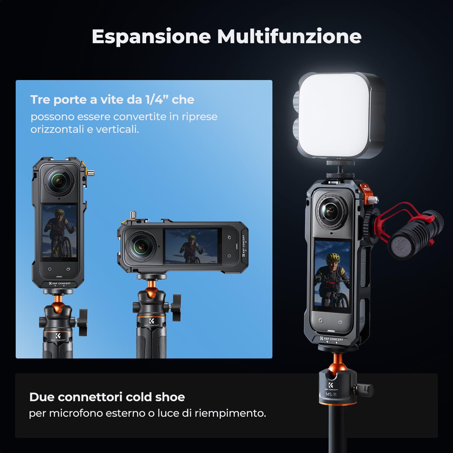 K&F Concept Camera Cage per Insta360 X5, Custodia Protettiva in Lega di Alluminio con Copertura in Silicone per Obiettivo, Telaio con 2 Supporti a Scarpetta Fredda per Microfono e Luce Video a Led