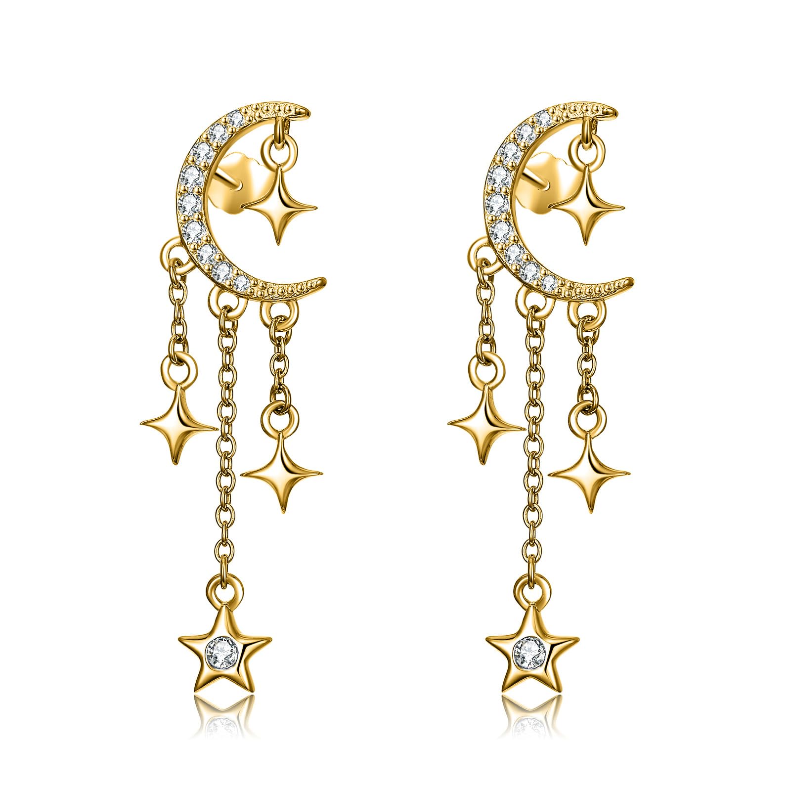 YEESIA Mond Stern Ohrringe, 925er Sterlingsilber, Hypoallergen Quaste Glänzende Zirkon Ohrringe, Mond Sterne Himmlische Anhänger-Ohrringe Schmuck Geschenk for Damen