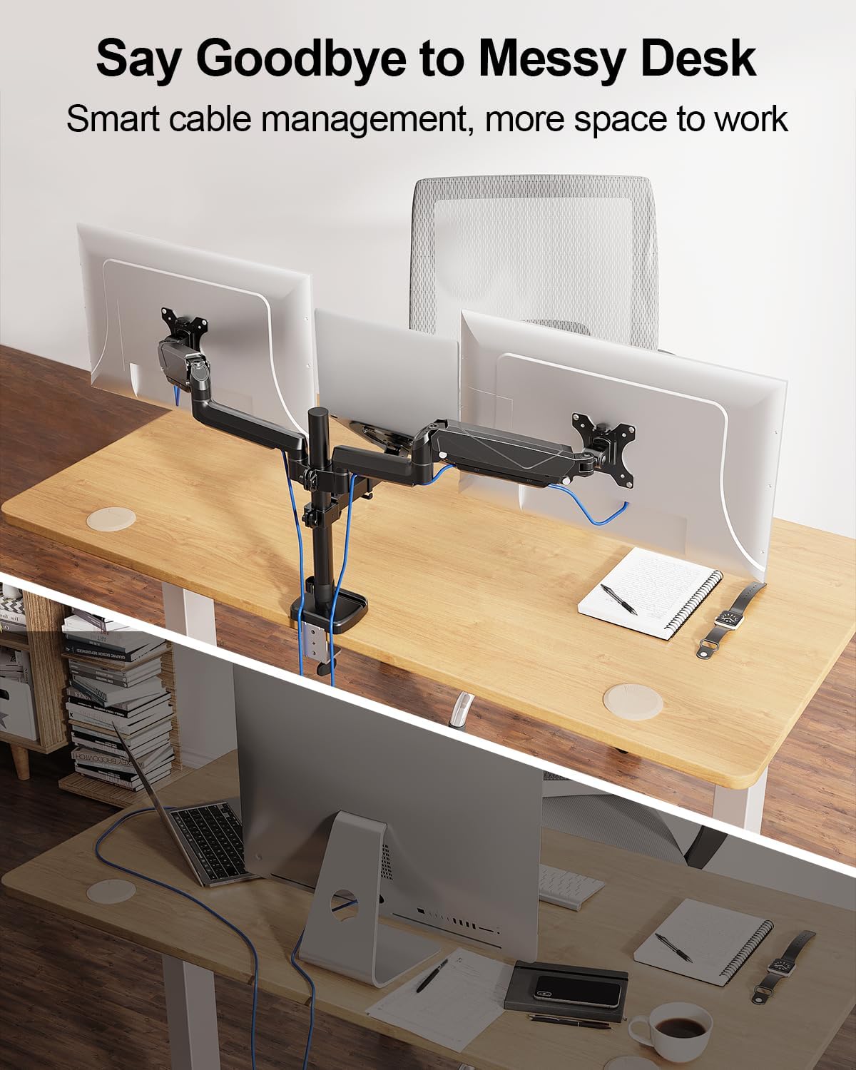 MOUNT PRO Monitor and Laptop Mount for 2 Max 27" Computer Screens, Laptop Tray Fits 10-17inch Notebook, 3-in-1 Adjustable Laptop and Monitor Desk Mount with VESA Bracket 75/100mm