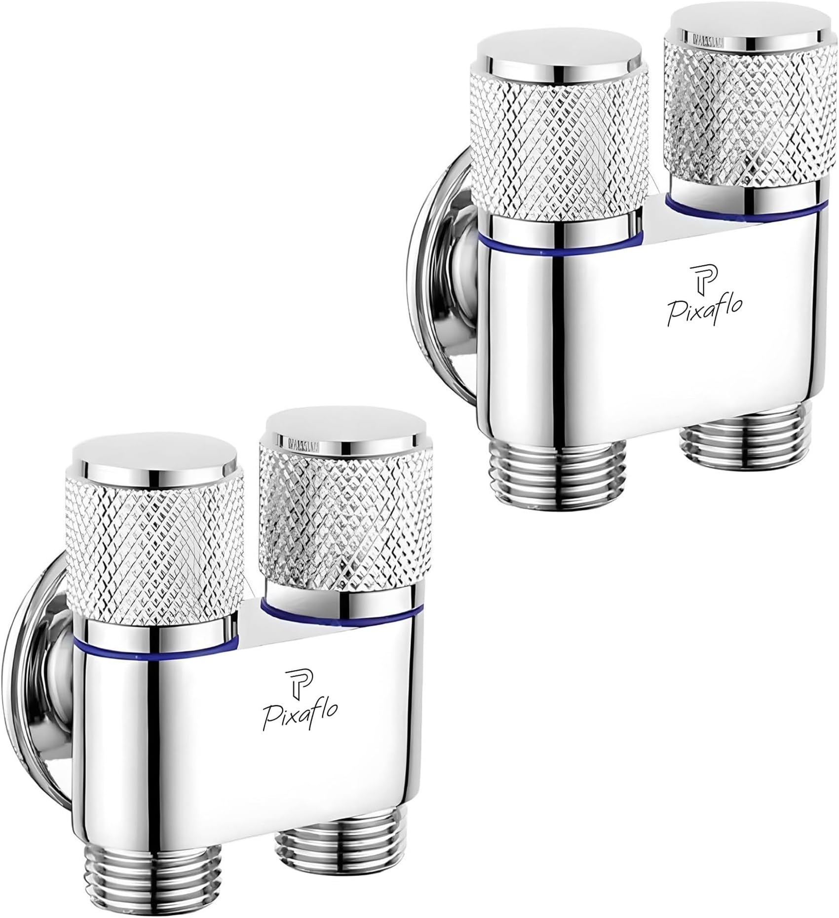 Pixaflo Compact Brass 2 Way Angle Cock | 2-in-1 Angle Valve with Wall Flange | Chrome Finish For Bathroom, Toilet, Wash Basin | Combo | Pack of 2