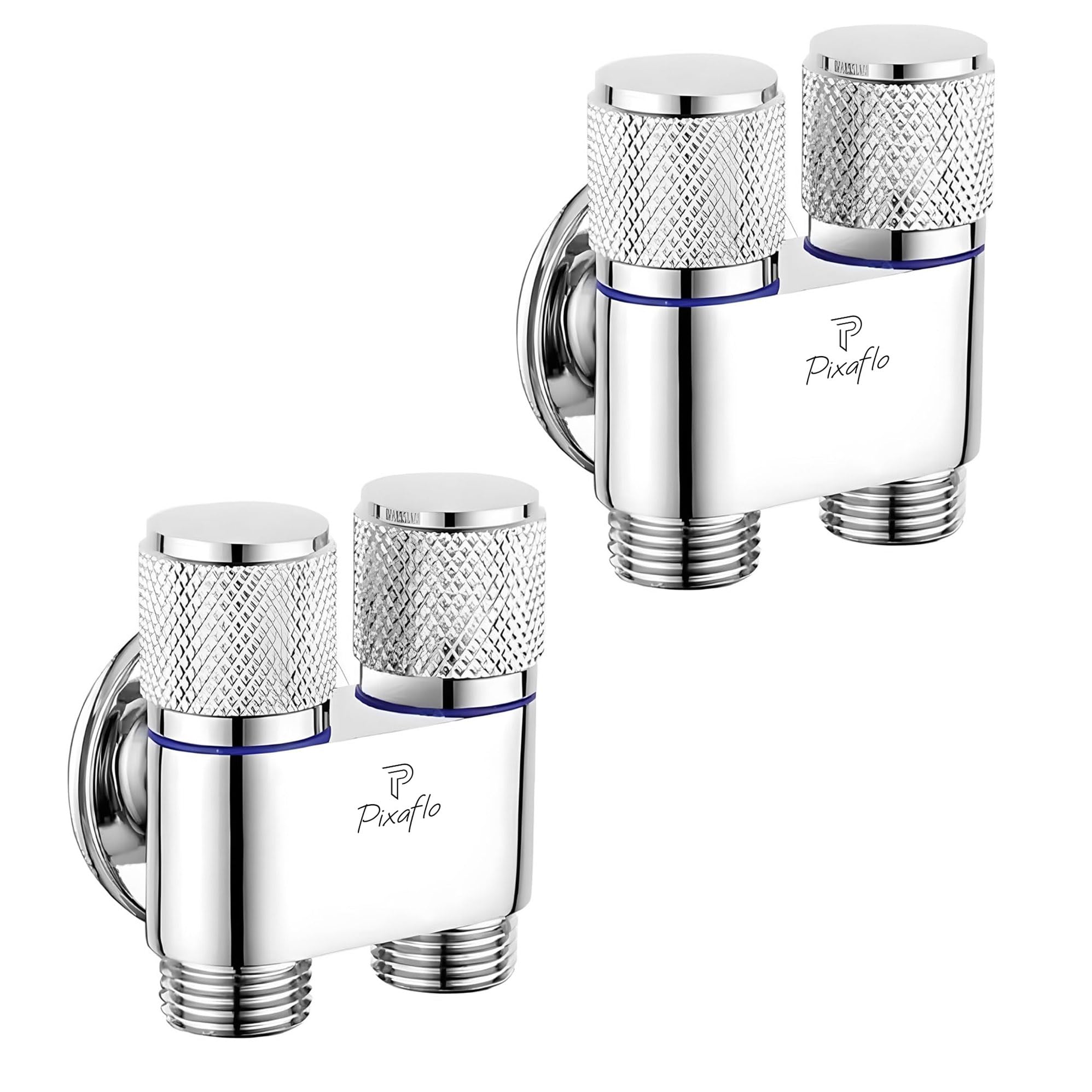 Pixaflo Compact Brass 2 Way Angle Cock | 2-in-1 Angle Valve with Wall Flange | Chrome Finish For Bathroom, Toilet, Wash Basin | Combo | Pack of 2