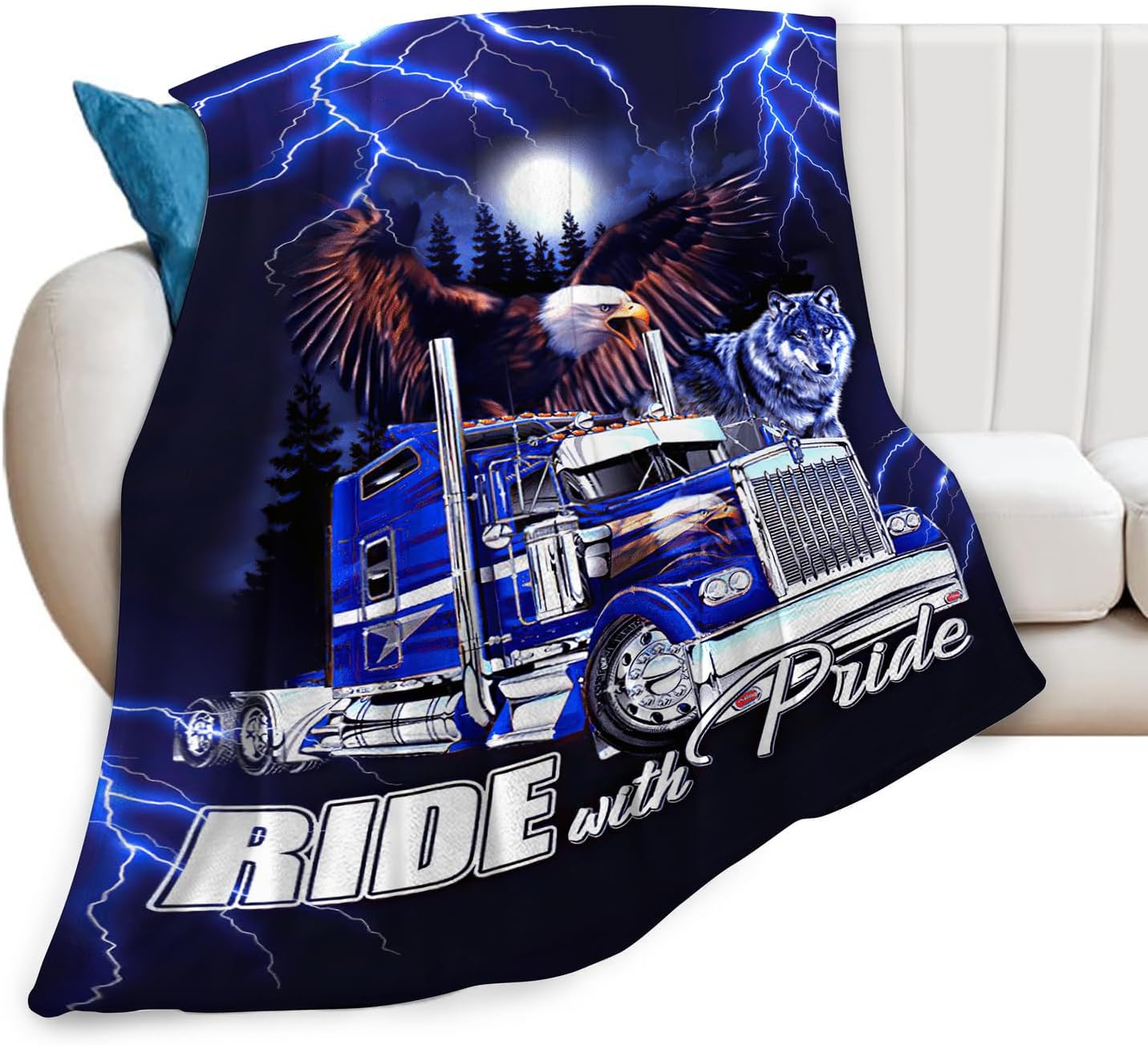 Truck Blanket Decor Gifts for Trucker Flannel Fleece Fuzzy Lorry Throw Blanket Soft Warm Cozy Plush Eagle Wolf Blanket for Bed Couch Living Room Stuffed Decoration for Kids Adult 80"x60"