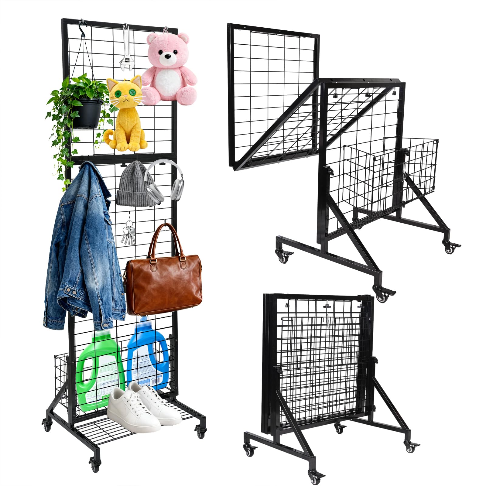 foldable grid wall panels, gridwall panels with folding baskets, tool-free assembly and folding, for storage and retail merchandise display (black)