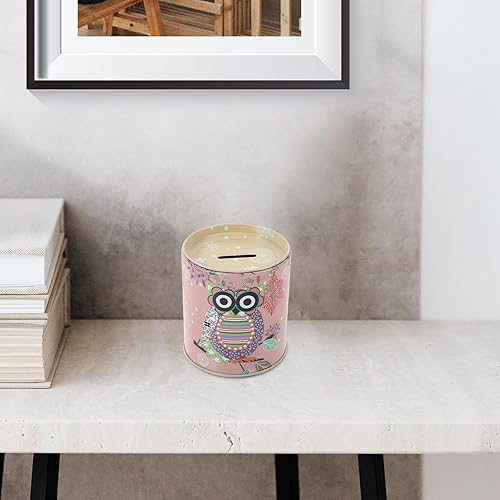 Miniatura 8 de EXCEART Hucha de dibujos animados de hojalata Búho patrón de moneda Banco de monedas redondo Caja de dinero Metal Coin Jar Niñas Ahorro Pot Candy