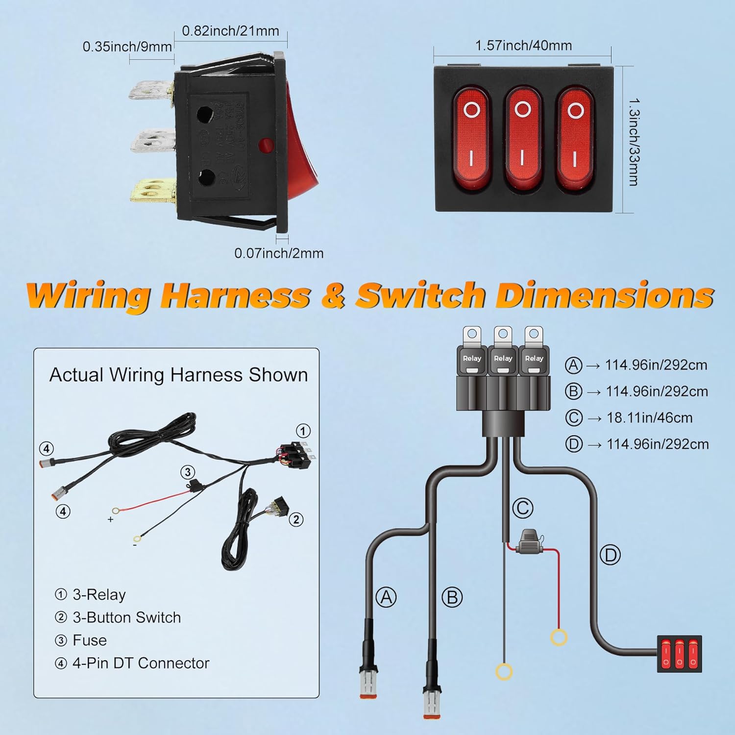 2 Leads Wiring Harness Kit, 12V Plug & Play 4-Pin DT Wiring Harness with 3-Button Switch & Relay Blade Fuse for Truck SUV ATV Off-Road LED Light Pods & Light Bars
