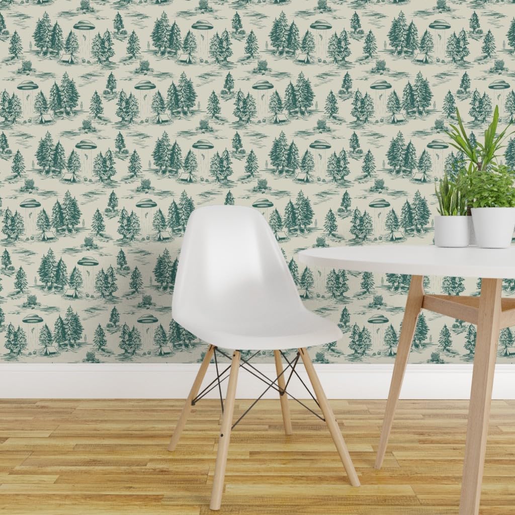 Spoonflower Removable Wallpaper 3ft x 2ft - UFO Alien Abduction Teal Novelty Funny Toile Small Scale Custom Pre-Pasted Wallpaper