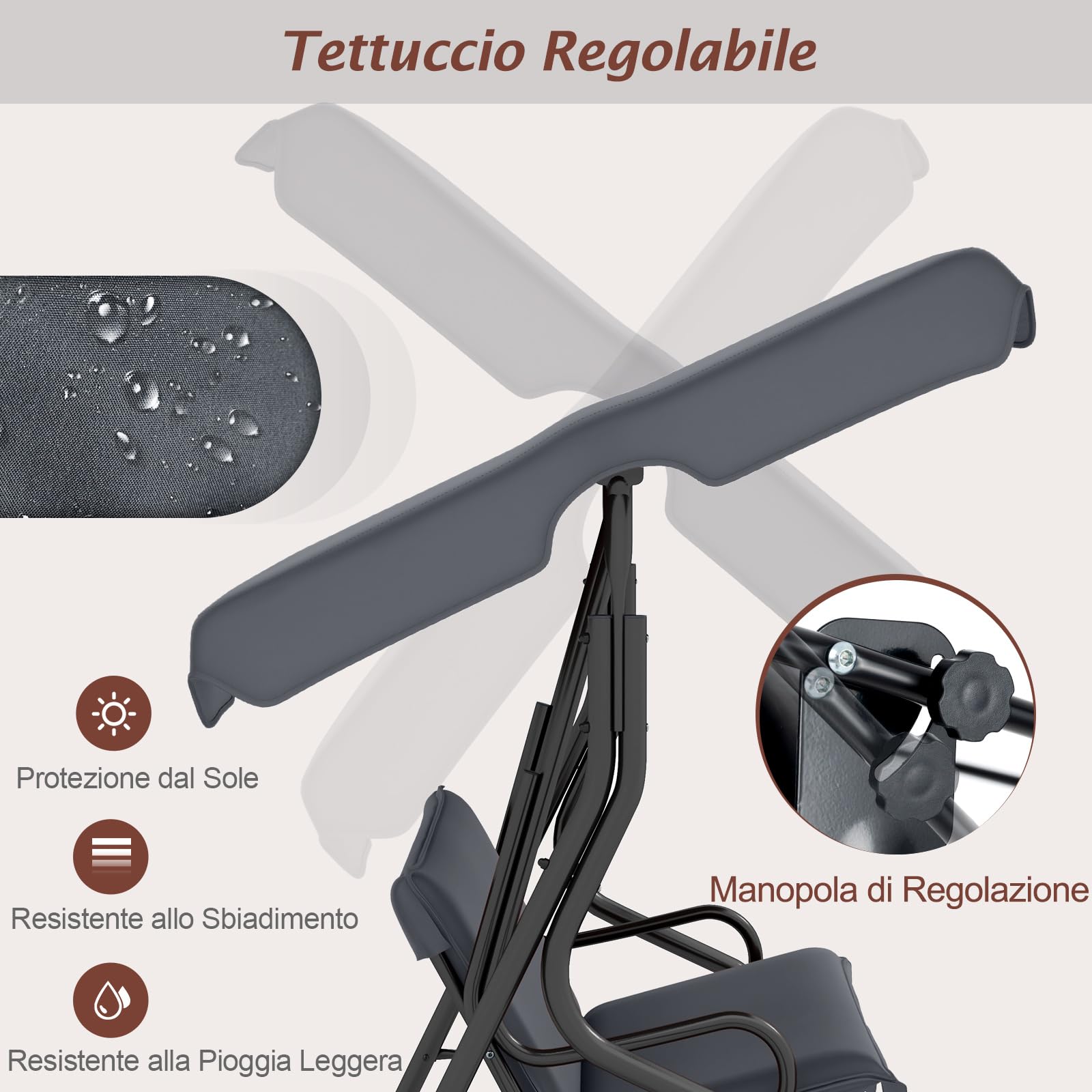 RELAX4LIFE Dondolo da Giardino a 3 Posti, con Tettuccio Parasole Regolabile, Cuscini Imbottiti, Braccioli, Telaio in Acciaio, per Balcone, Terrazzo, Patio, Veranda (GRIGIO, 3 POSTI- 2026)