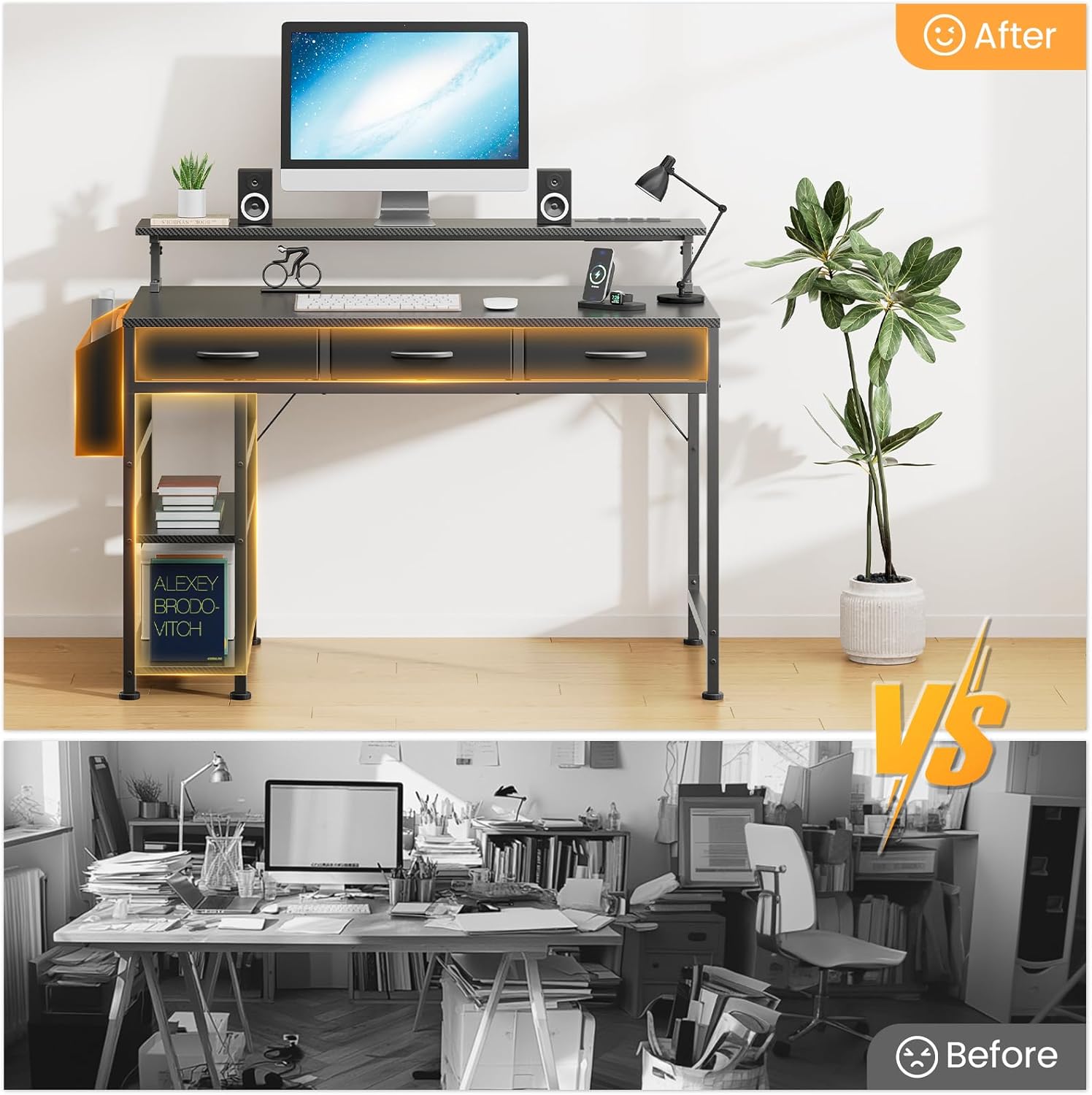 DOMICON Black Gaming Desk with LED Lights and Power Outlets, 47 Inch Computer Desk with 3 Drawers and Adjustable Monitor Stand, Home Office Desks with Charging Station USB Port, Study Writing Table