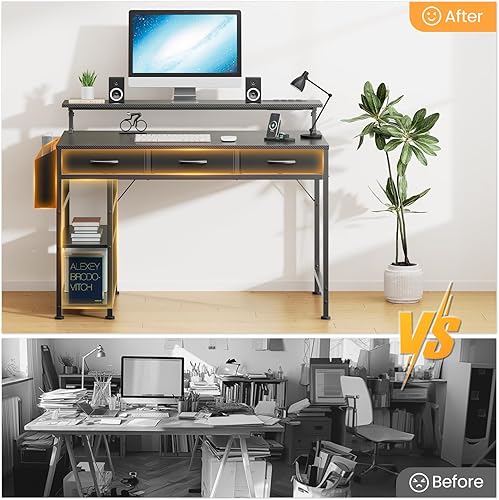 Miniatura 3 de Escritorio para computadora de 47 pulgadas con 3 cajones, escritorio para juegos con luces LED y soporte de monitor ajustable, trabajo desde casa,