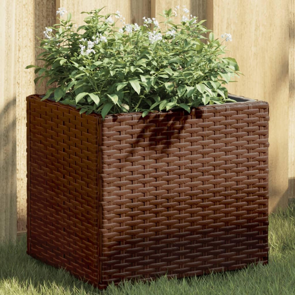 Macetero marrón 36 x 30 x 32 cm de ratán sintético con estructura de acero, resistente a la intemperie, para balcón, jardín, decoración interior y exterior