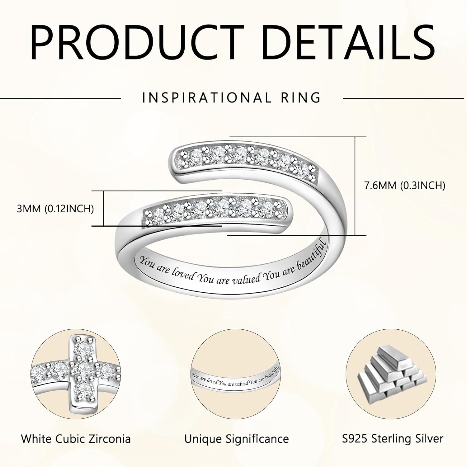 925 Sterling Silver Open Thumb Ring Inspirational Jewelry Rings Adjustable Ring for Women Men