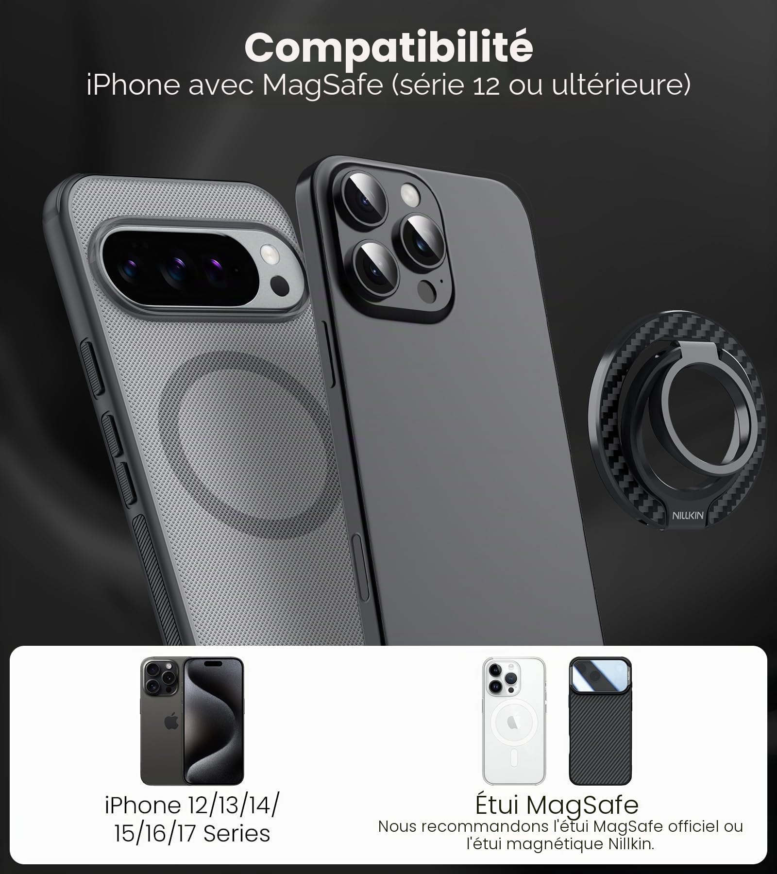 Nillkin Support Anneau Smartphone en Fibre d’Aramide – Magnétique Double Face & MagSafe, Rotation 360° avec Double Axe, Support & Grip pour iPhone/Samsung/Pixel, Accessoires MagSafe – Noir