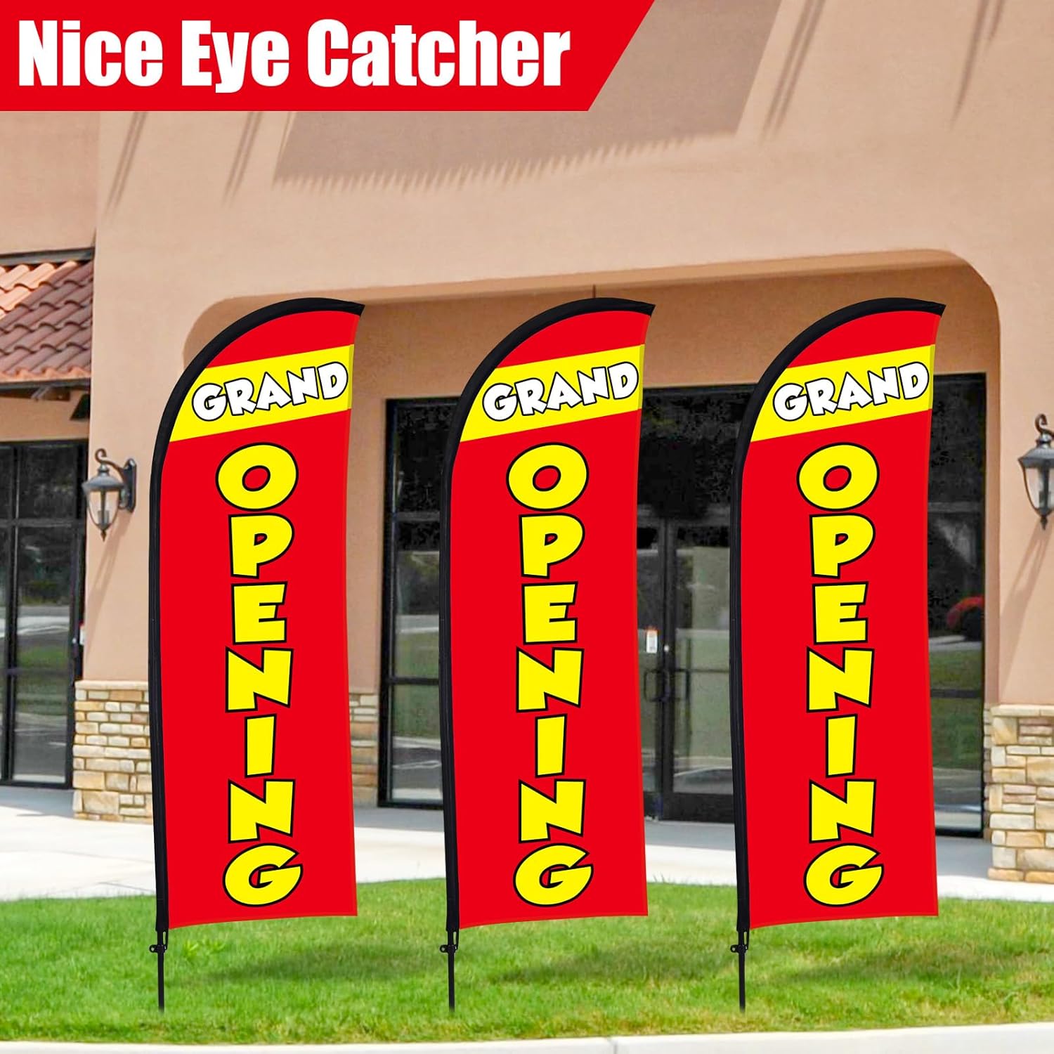 Buryeah 3 Sets Grand Opening Feather Flag Pole Kit 7ft Grand Opening Swooper Flags Banners Advertising Sign Pole Kit Ground Stake and Portable Bag for Retail Store Outside Business Advertising(Red)