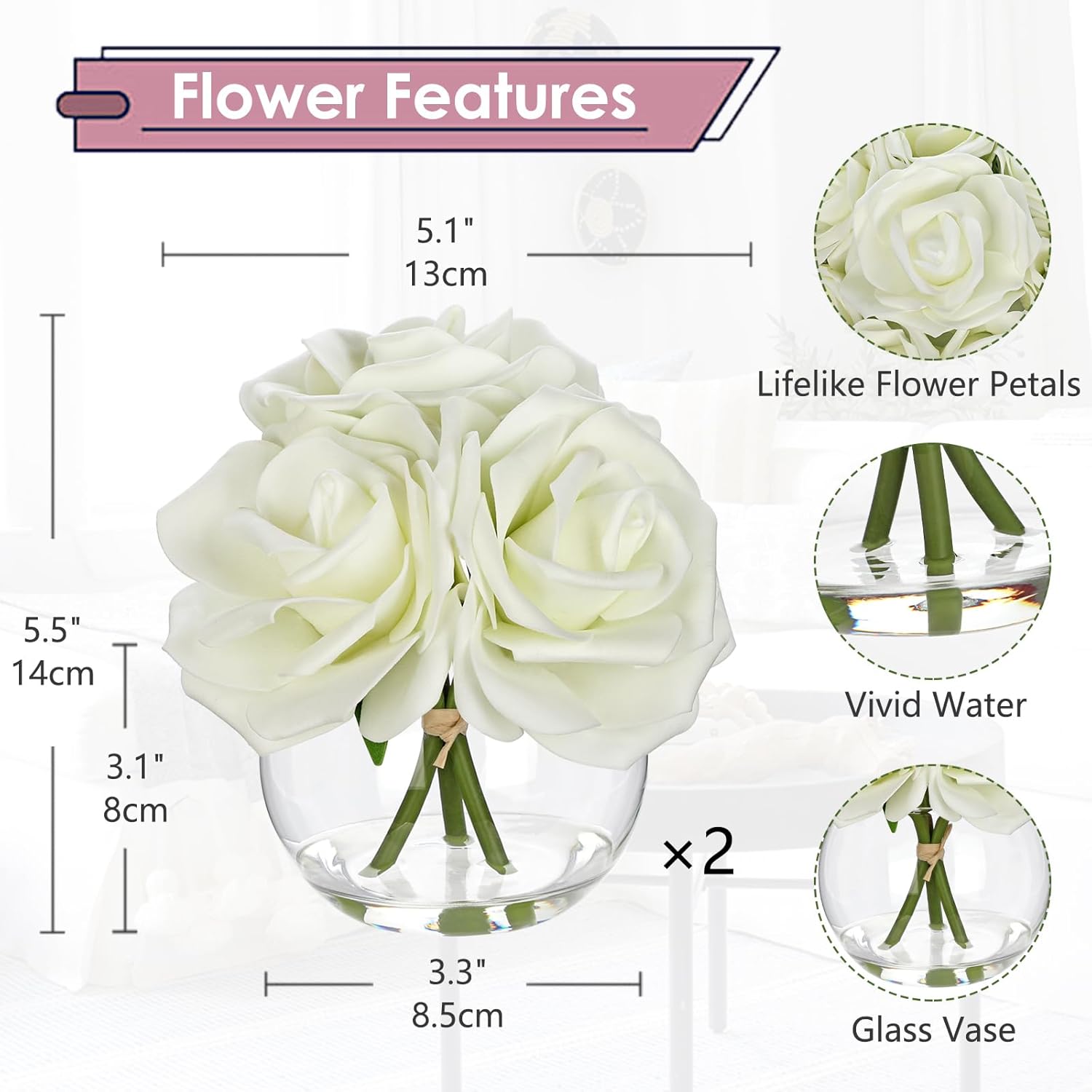 Hollyone 2Pcs White Roses Artificial Flowers in Vase Small Silk Fake Rose Bouquet Flowers Floral Arrangements with Glass Vase with Faux Water for Home Bathroom Office Table Centerpiece Decorations