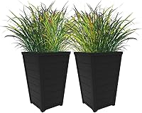 Keter Set of 2 Graphite Resin Wood-Look 22-Inch Tall Outdoor Planters - Modern Tapered Flower Pots for Patio, Porch & Garden