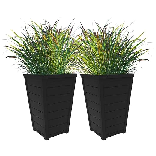 Keter Set of 2 Resin Modern Outdoor 22 Inch Tall Large Flower Pots, Tapered Wood Look Planters for Outdoor Plants and Front Porch Decor, Graphite
