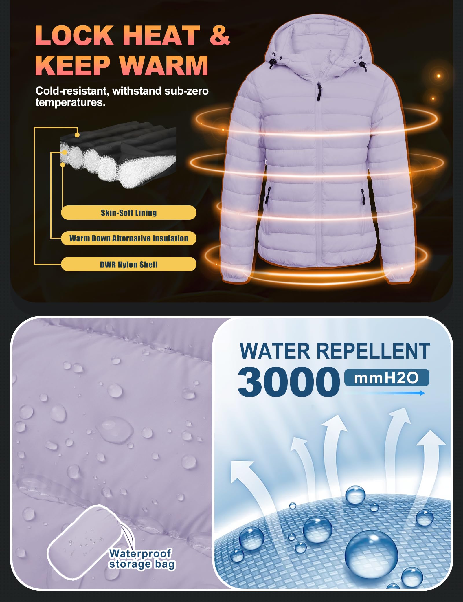 Women's Lightweight Packable Puffer Jacket Quilted Insulated Warm Winter Coat Full-Zip Hooded Outerwear for Hiking Travel