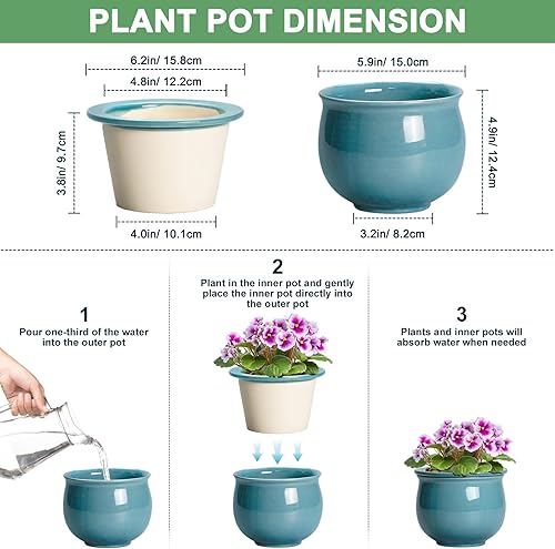 Miniatura 2 de Macetas de violeta africana de 6 pulgadas, maceta de cerámica con riego automático con maceta interior absorbente, macetas africanas para plantas de