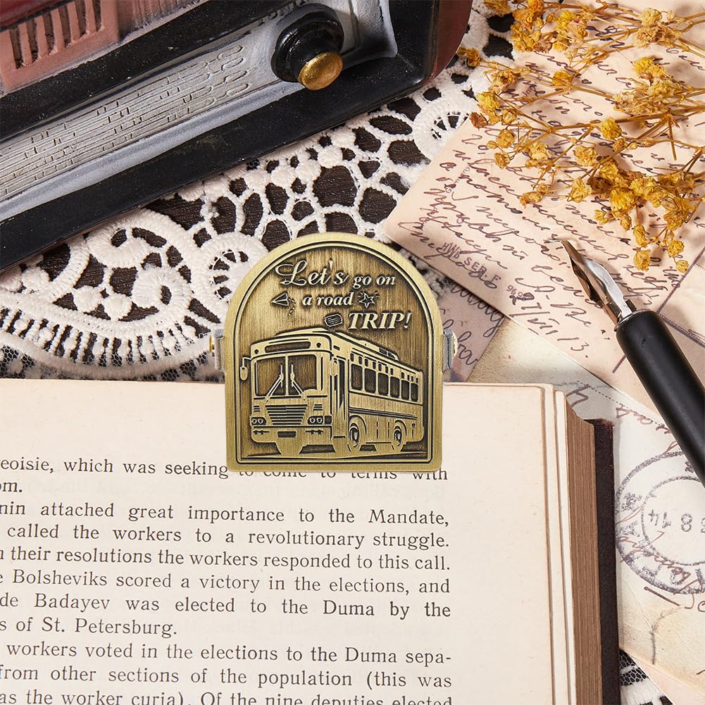 CRASPIRE Bus Journal Cilp Vintage Words Road Trip Metal Book Clips Travelers Notebook Brass Decorative Page Binder Clamp File Holder Bookmark for Planner TN Art Documents Reading Bookish Accessory
