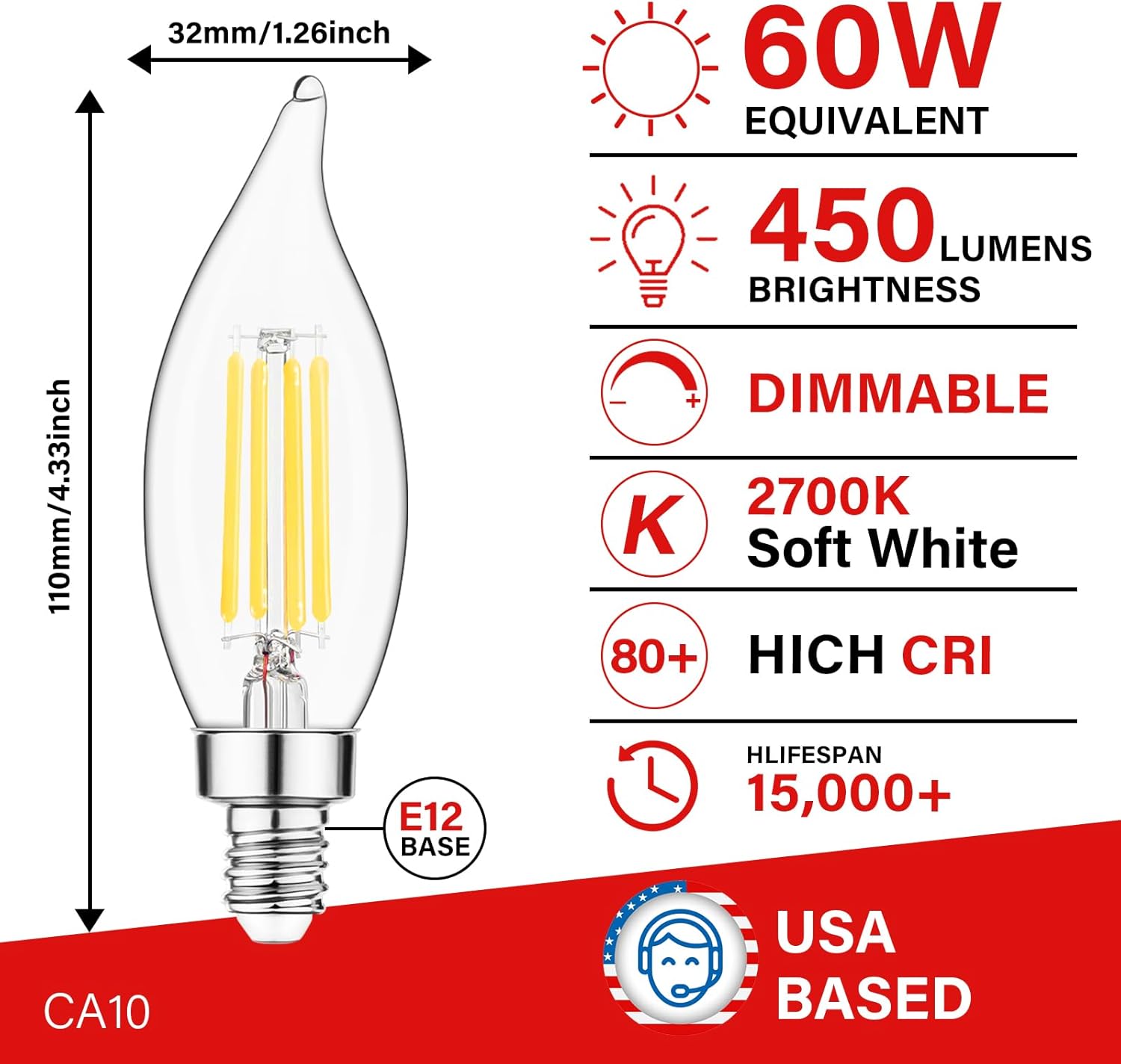Sengled Candelabra Light Bulbs,Dimmable 2700K Soft White E12 Chandelier Bulbs,60 Watt Equivalent 450 Lumens Warm White CA10 Filament Clear Candle Bulbs ETL Listed,6 Packs