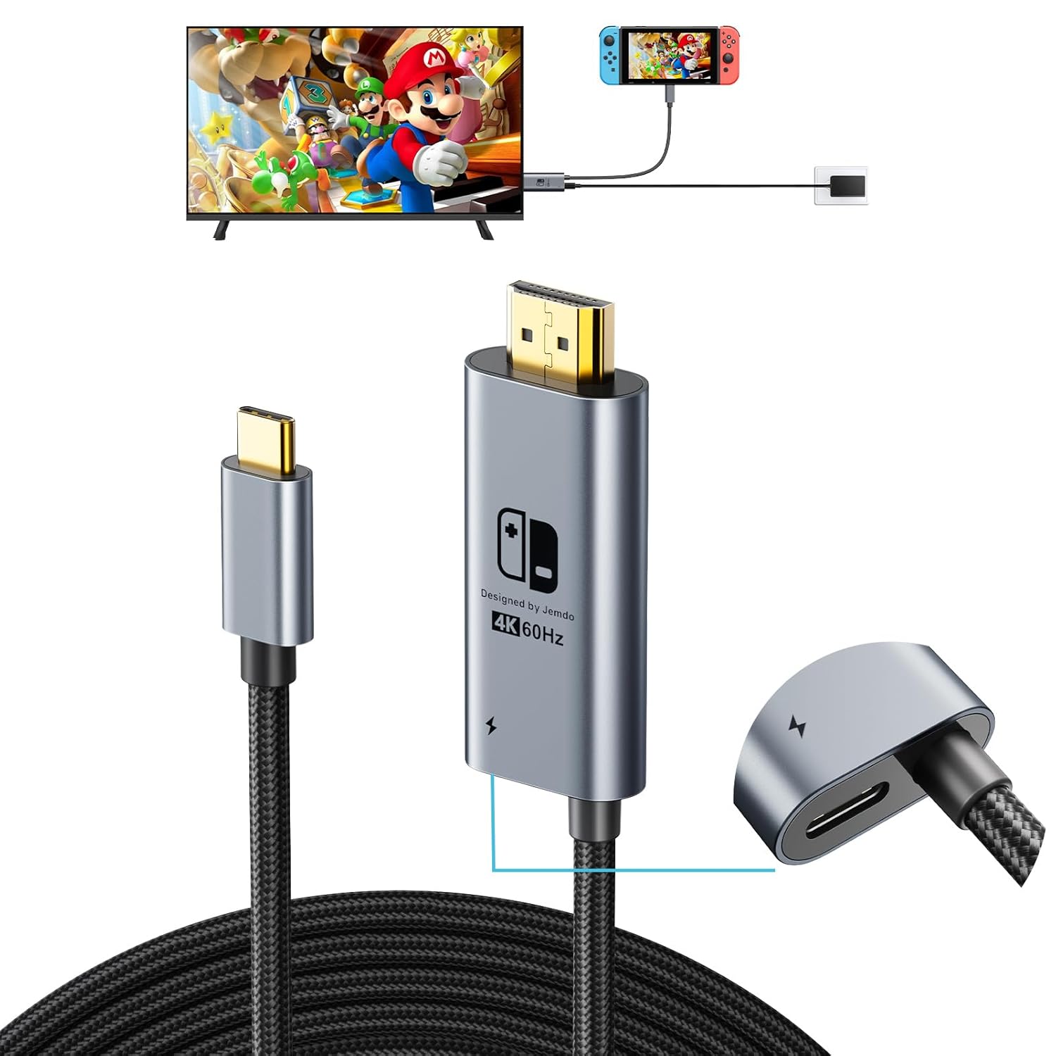 4K@60Hz USB C to HDMI Dock Cable with PD100W Charging Port, Portable Switch to TV Connector Adapter Only Replacement for Nintendo Switch 2017/OLED Screen Mirroring, Braided Cord, 2m, Grey - Amazon product rated Grade B
