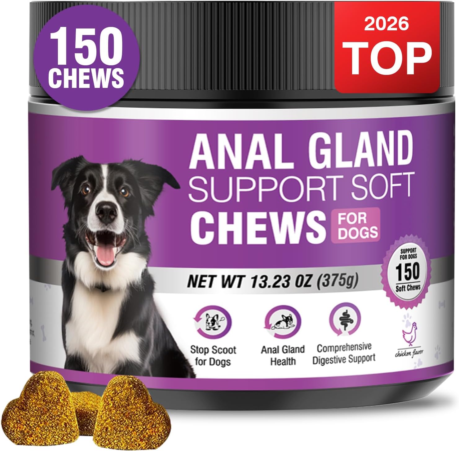 Dog Anal Gland Soft Chews 150 Stop Scoot for Dogs Supports Anal Gland Bowel Function Digestive Health Fiber Pumpkin Supplement for Dogs Pet Diarrhea Bowel Support Probiotics Digestive (Chicken Flavor)
