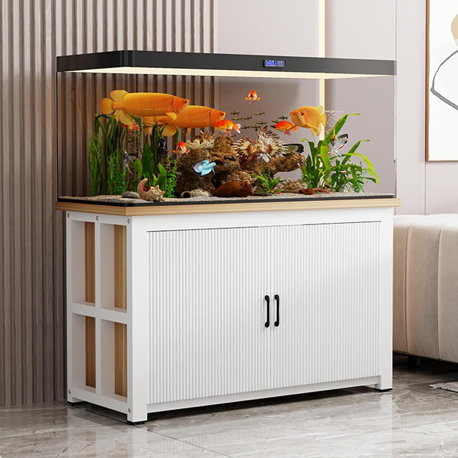 Durable Steel Aquarium & Reptile Tank Stand with Storage Cabinet, High Load Capacity, Perfect for Home, Living Room & Office Use,White+natural,100x40x70cm