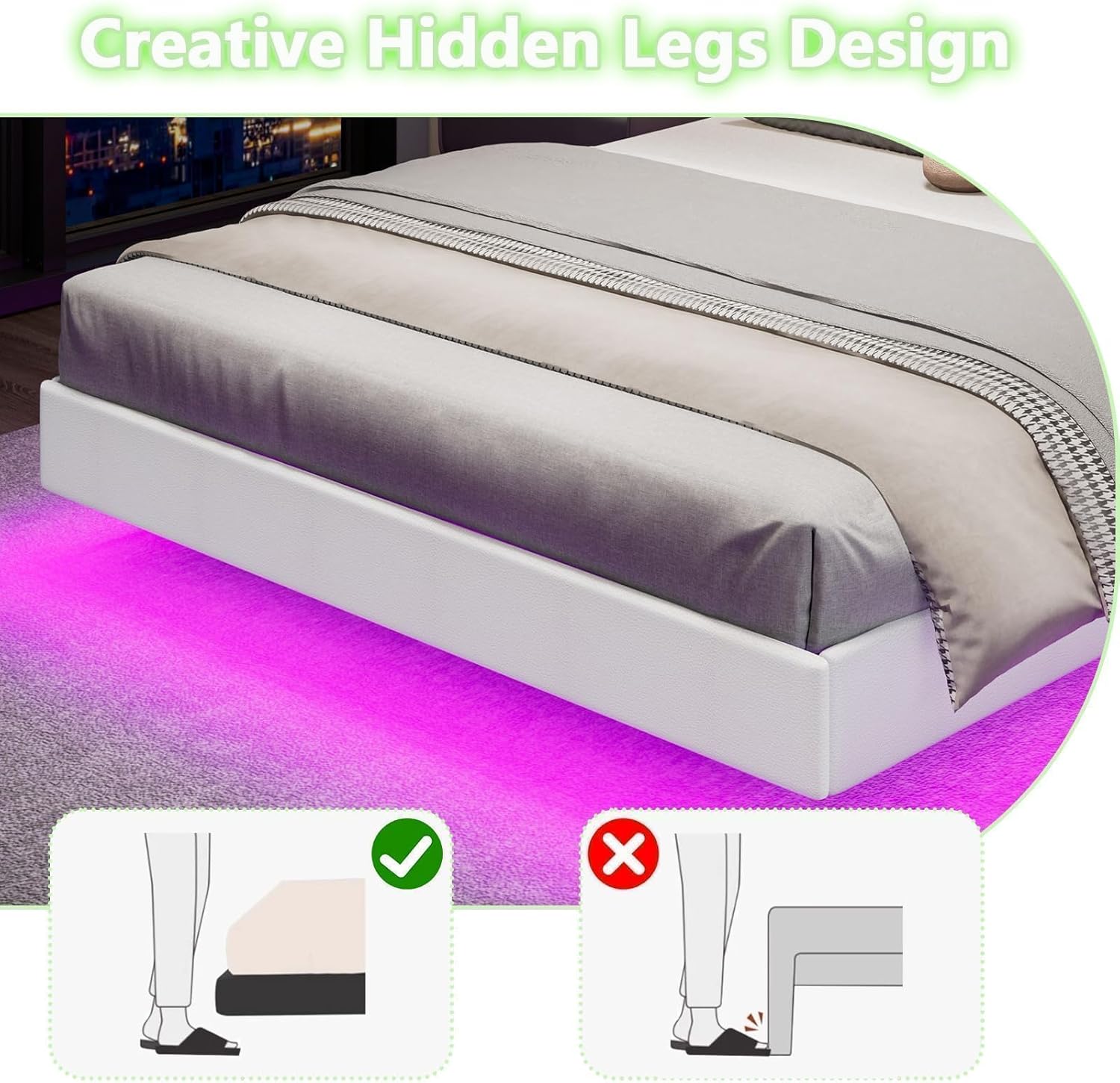 Close-up of the hidden legs design of the bed frame