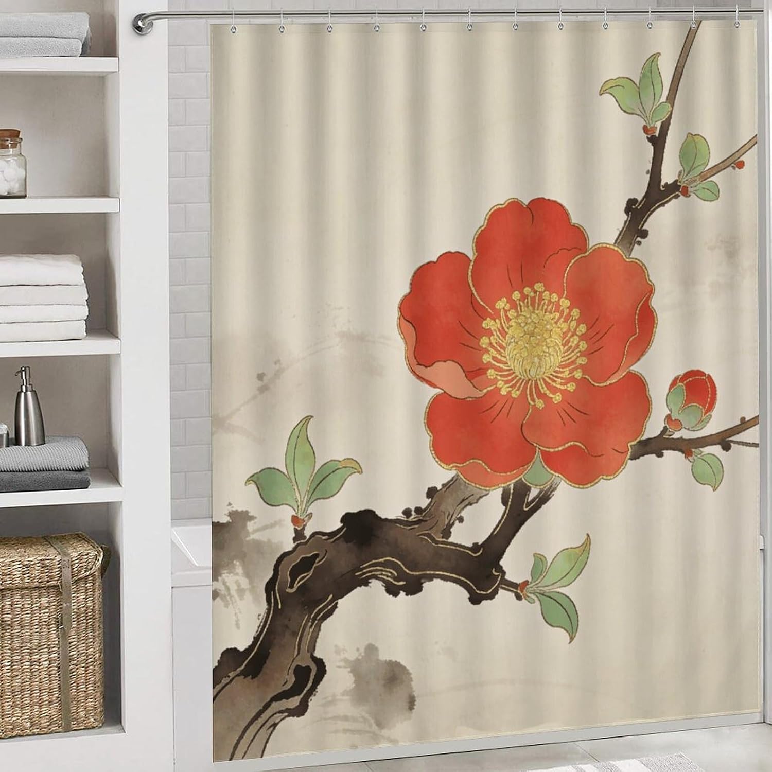 Red Plum Blossom Bathroom Rugs Sets 4 Piece | Shower curtain sets, non-slip absorbent soft flannel bath mat, u-shaped toilet mat & lid cover, bathroom decor accessories