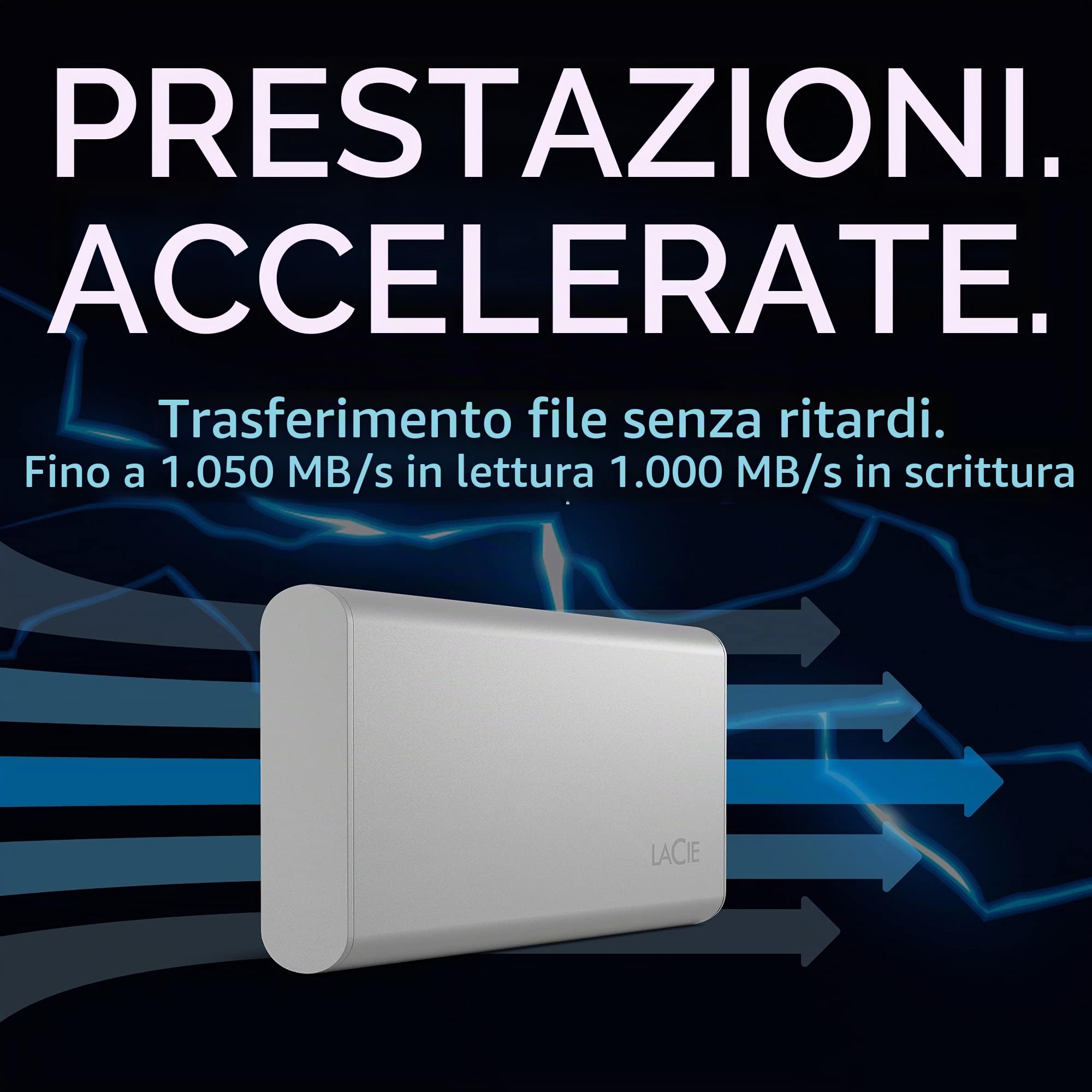 LaCie Portable SSD, 500GB, SSD esterno, USB-C, PC Mac & iPad, USB 3.2 Gen 2, 1.050 MB/s, Data Rescue Service (STKS500400)