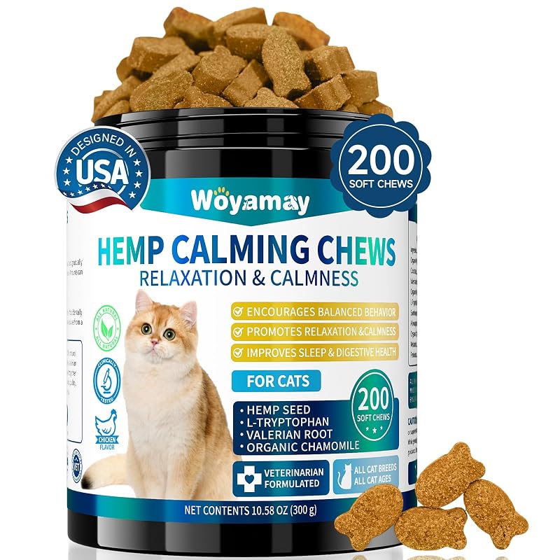 Petisco mastigável calmante para gatos Woyamay com cânhamo e frango, 200 unidades