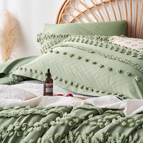 Miniatura 5 de sponwilar Juego de edredón de 7 piezas tamaño King, color verde salvia copetudo, estilo bohemio, desgastado y elegante, juego de sábanas y sábanas