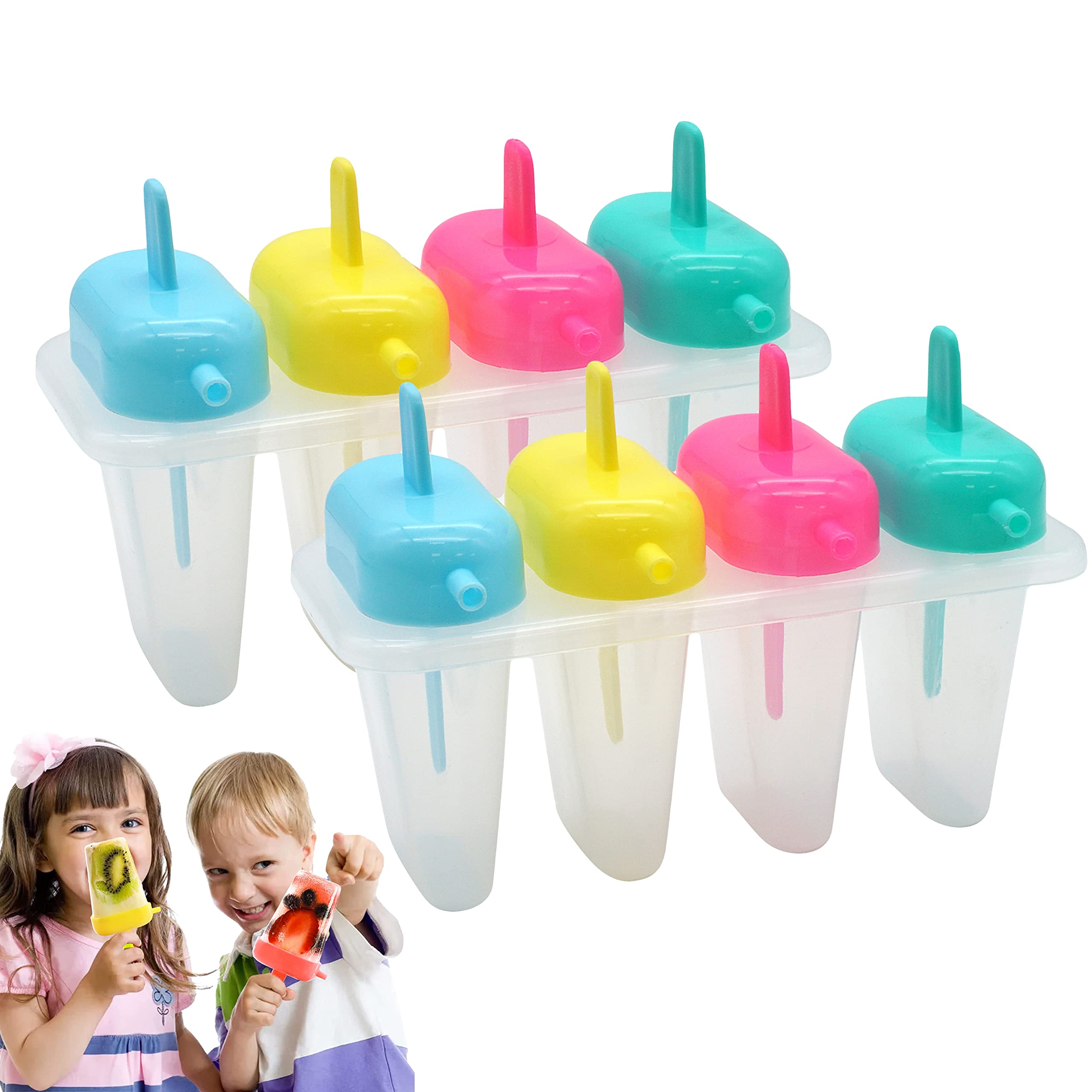 8PCs Colourful Ice Lolly Moulds with Sticks, BPA-Free Reusable Popsicle Maker Set for Kids Lollipop Moulds with Drip Guards