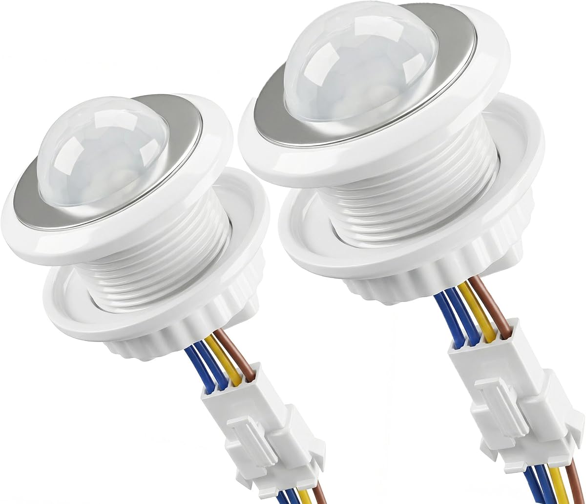 2 Pack PIR Motion Sensor Light Switch for LED Strip Lights | AC 110-240V smart sensor with adjustable LUX and time delay, installs on ceiling or wall for cabinet, pantry, closet, stairs