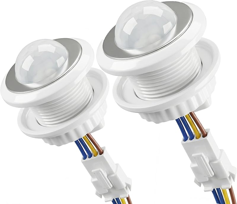 2 Pack PIR Motion Sensor Light Switch for LED Strip Lights | AC 110-240V smart sensor with adjustable LUX and time delay, installs on ceiling or wall for cabinet, pantry, closet, stairs