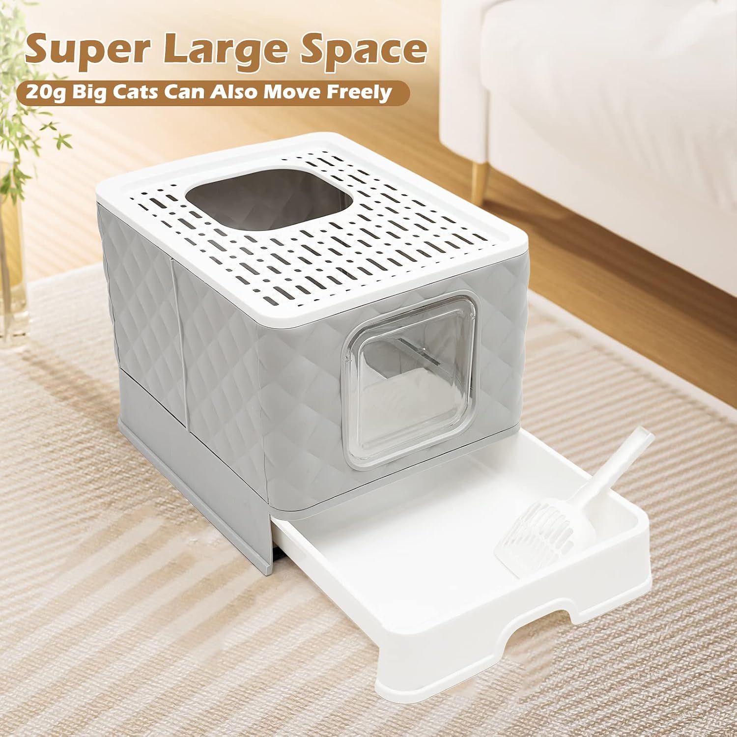 Foldable Enclosed Cat Litter Box, Cat Potty with Front Door & Top Entry, Pull-Out Drawer Type, Cat Toilet with Lid, Easy Cleaning Cat Litter Tray with Plastic Scoop (Grey)