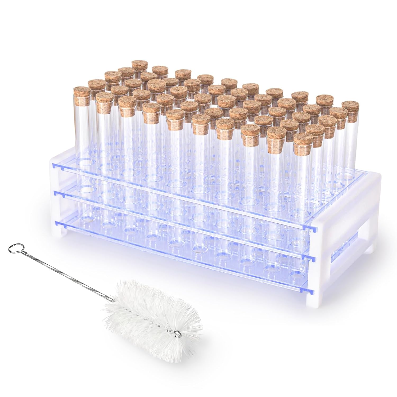 10ml 50pcs Clear Glass Test Tubes 16x100mm with Cork Stoppers and 1pcs 50Holes Plastic Tubes Rack for use in Laboratories, Plant Propagation, Parties, Bath Salts, Candy Storage
