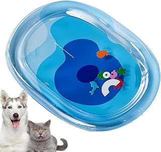 Genérico Cat Water Mat, Cooling Mats, Water Sensory Play Pad, diseño portátil con peces flotantes, material interactivo y resistente para interiores, uso exterior, color azul oscuro