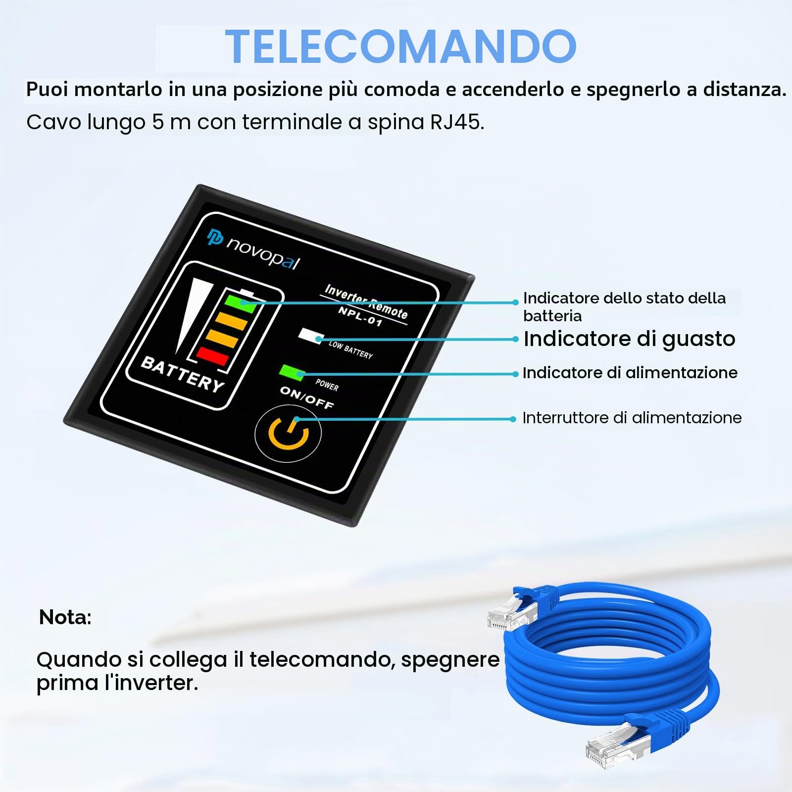 Novopal Inverter Onda Sinusoidale Pura 1500W DC 12V AC 220V 230V Convertitore di Tensione con Telecomando 5M