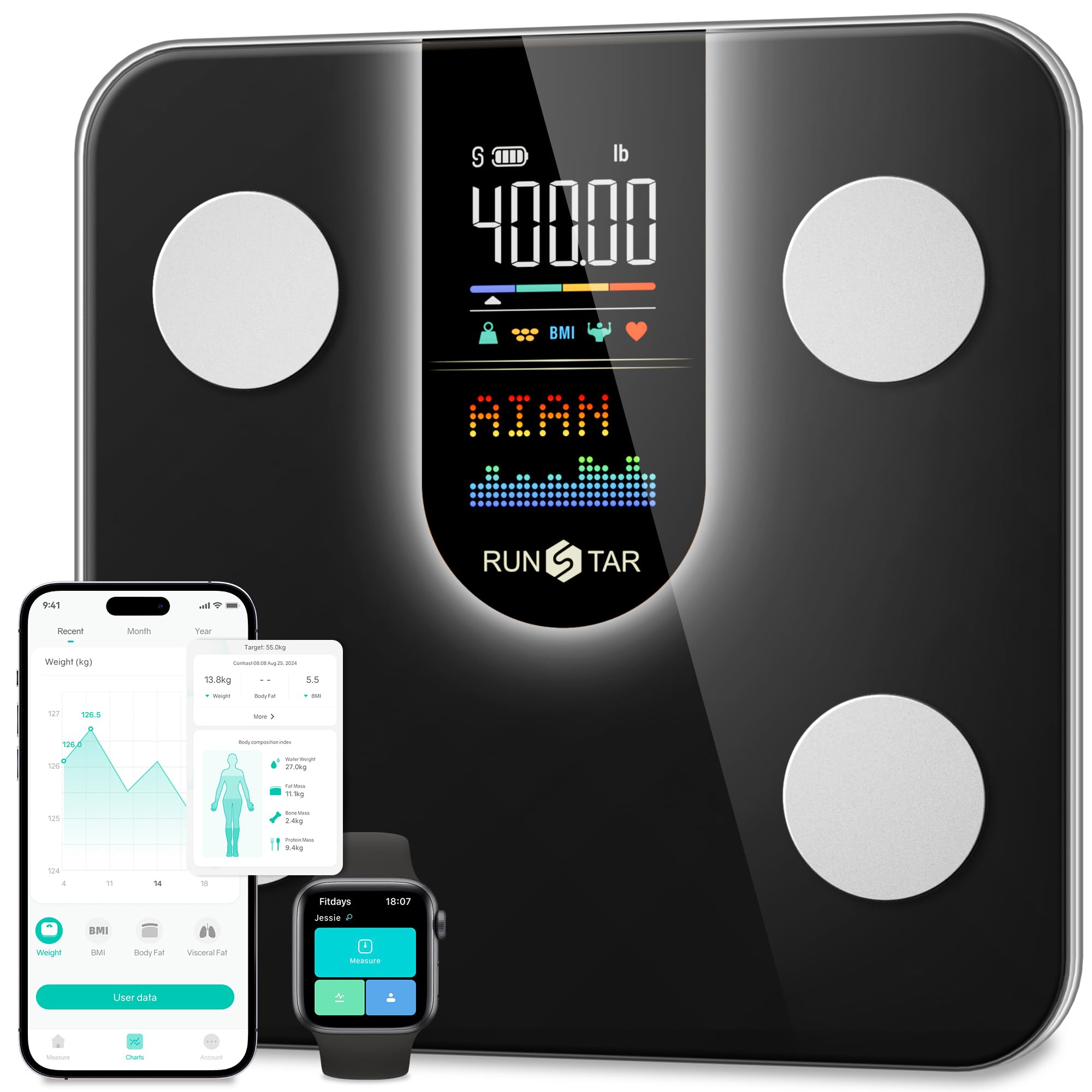 runstarScale for Body Weight, Smart Scale with 8-in-1 VA Display, High Precision Bathroom Digital Scale for Body Weight Heart Rate BMI Body Fat 22 Body Composition Sync APP, Grey