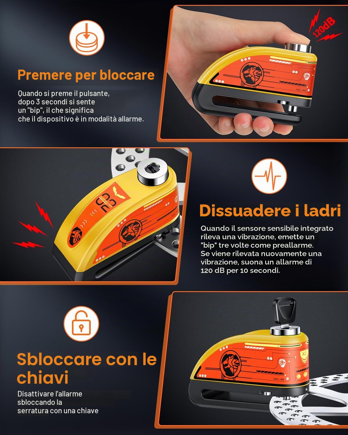 Bloccadisco con allarme per moto, ricaricabile, allarme antifurto 120 dB, resistente, con cavo promemoria da 1,8 m, per moto, bici, scooter, e-bike, giallo