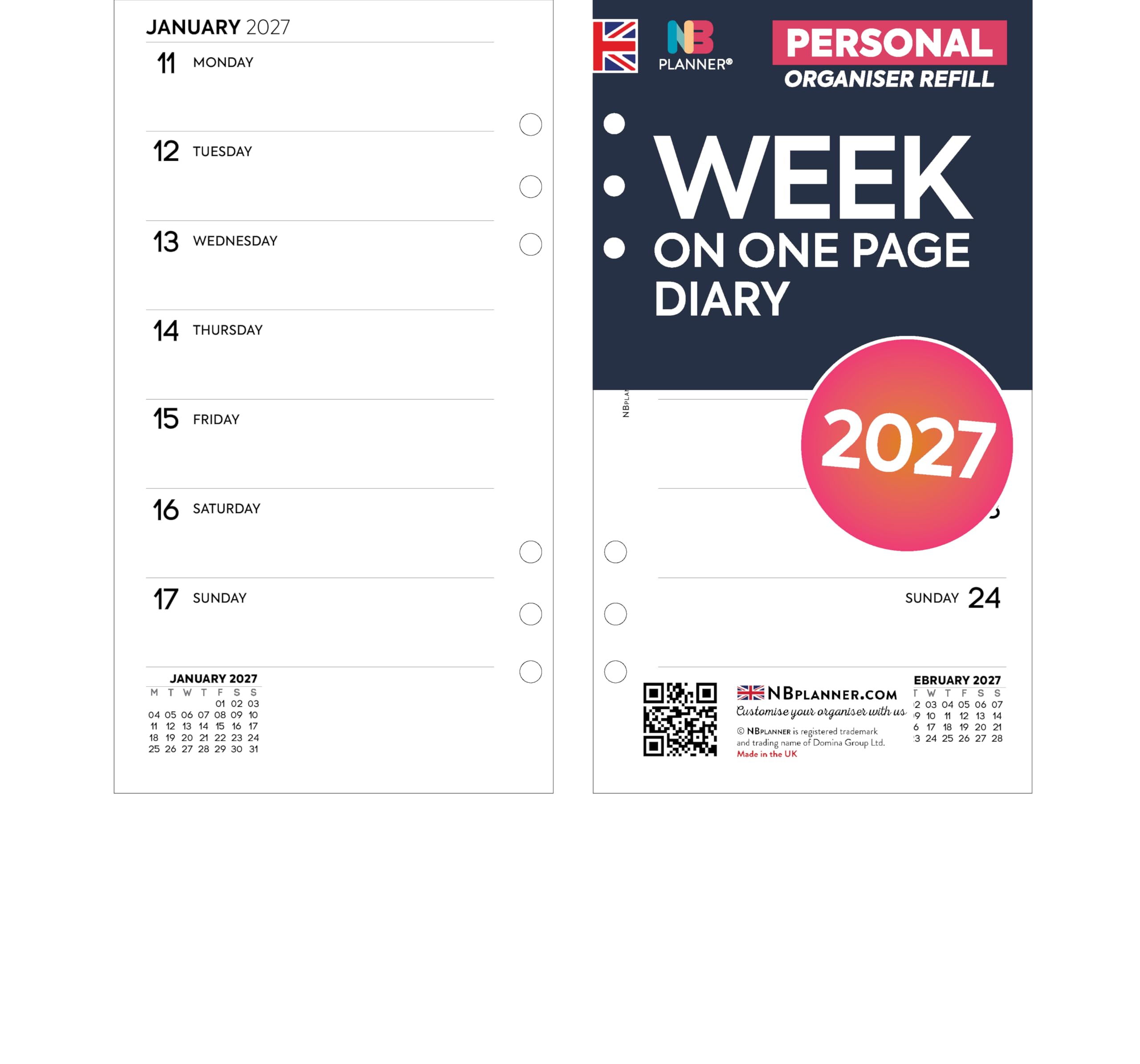 2027 Week on one page diary refill organiser insert | January 2027 โ December 2027 | Compatible with Filofax personal size organisers | 95 x 171mm โ image 1