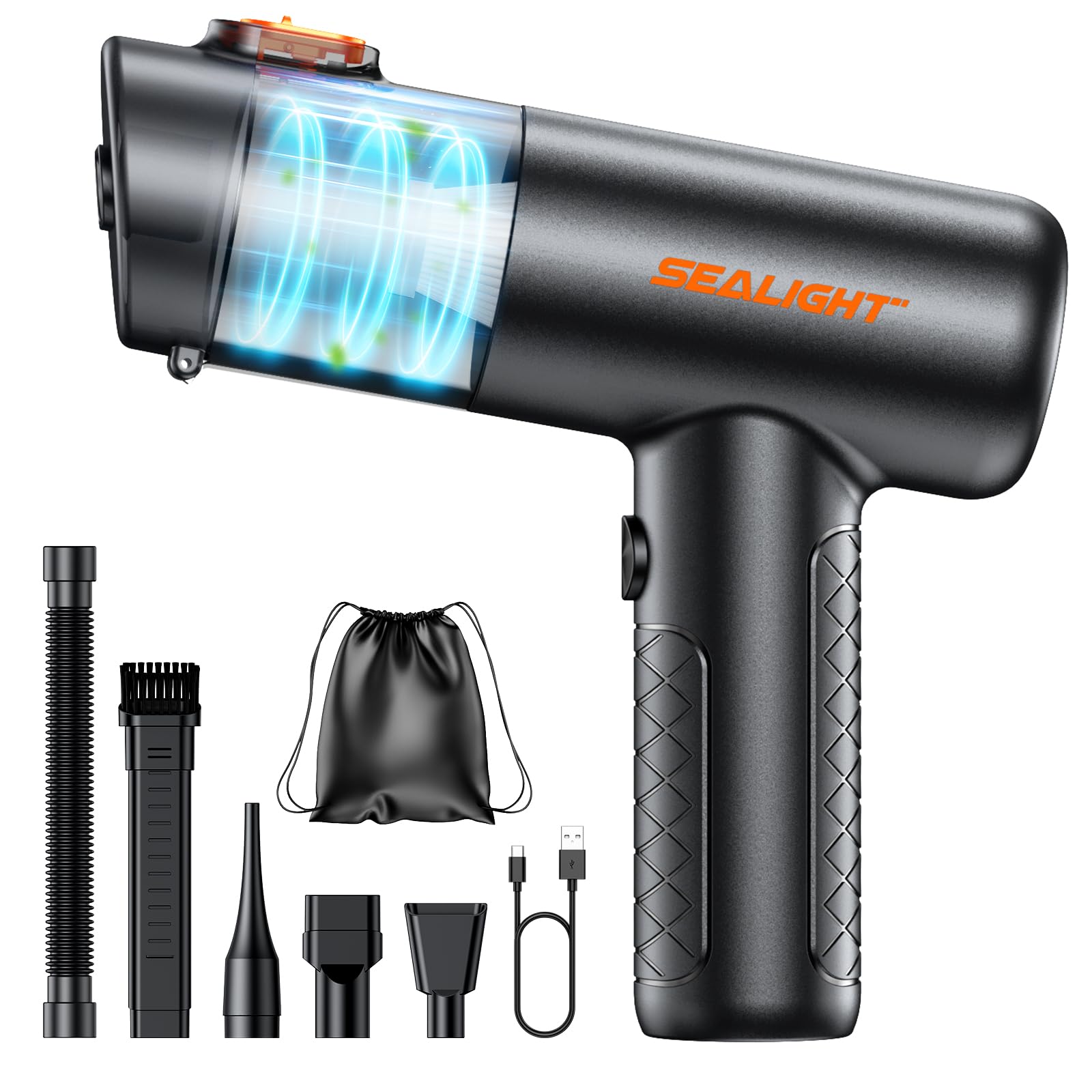 SEALIGHT Handstaubsauger Akku, 38000Pa Testsieger Autostaubsauger Stark | 400000 RPM, 45 Minuten Akkulaufzeit, 4-in-1 Mini Staubsauger Bürstenloser mit Quick-Empty für Auto, Haus