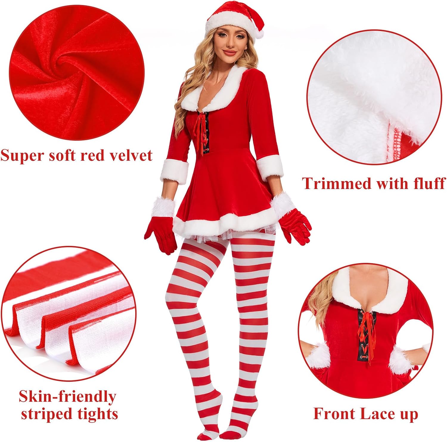 Mrs Claus Costume for Women 4PCS Adult Miss Claus Santa Dress Christmas Outfit with Hat Gloves Belt Striped Tights - Image 3