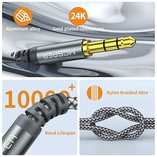 Cable de audio auxiliar de 3.5mm a 2.5mm, 5 pies, trenzado, color gris miniatura 5